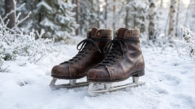 Close-up of Brown Leather Ice Skates on Snowy Surface in Winter Setting