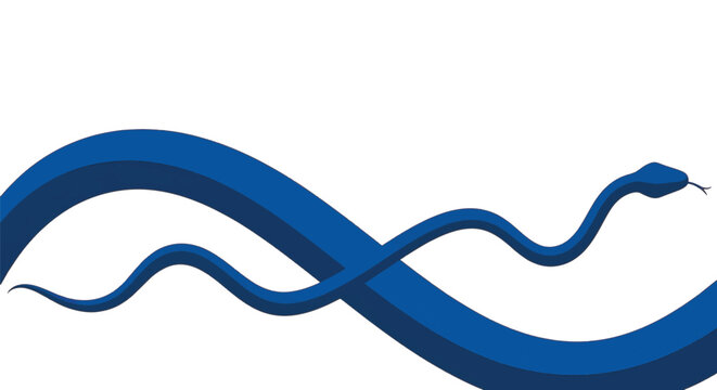 Abstract Prussian blue snake silhouette featuring serpentine curves and elegant wavy lines on a white background. Minimalist 3D ribbon style reptile illustration for modern design.