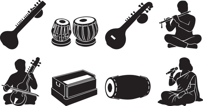 Set of traditional Indian classical music instruments and musicians silhouette vector