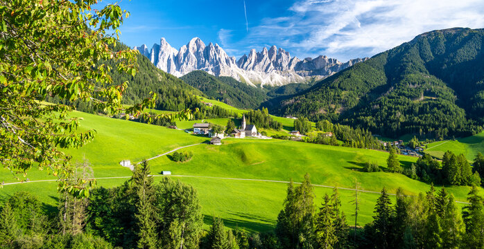 view on Val di Funes in Dolomites in South Tyrol in Italy