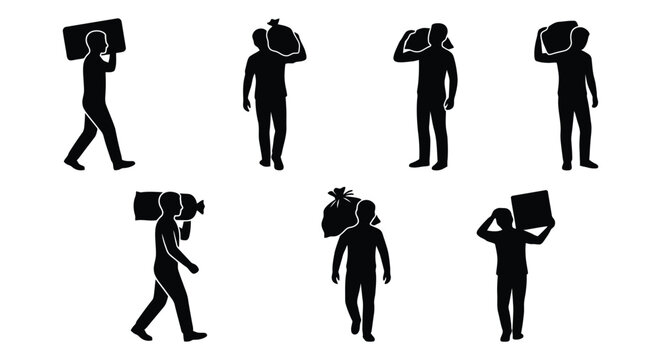 Set of men carrying various heavy objects on their shoulders and back.