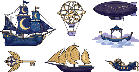 Mystical celestial transport vector illustration set with fantasy ships blimp hot air balloon isolated on white © Shuvo