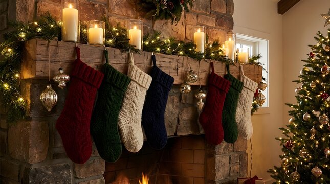 Cozy Christmas Fireplace with Stockings and Decor in Warm Indoor Setting