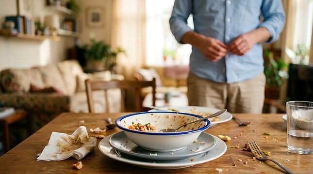 Messy dining table with an empty bowl and food scraps. A candid home lifestyle shot showing a meal finished.
