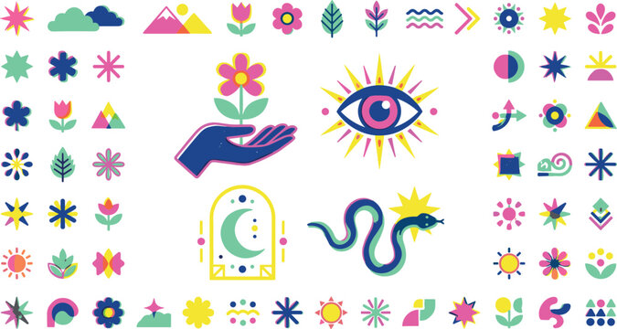 Mystical geometric vector elements set with evil eye snake moon hand holding flower stars icons on white