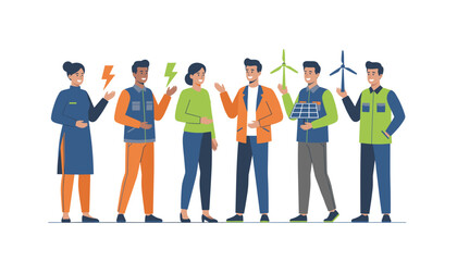Obraz premium Professional group of people standing together holding symbols of green energy including wind turbines solar panels and electric lightning bolts.