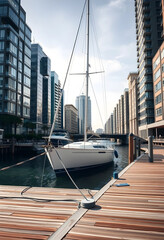 Fototapeta premium keelboat docked in urban marina with high-rise buildings