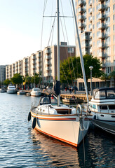 Fototapeta premium Keelboat moored in urban harbor at sunset