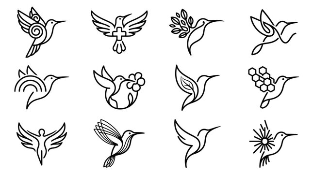Hummingbird Line Art Icons Set.
