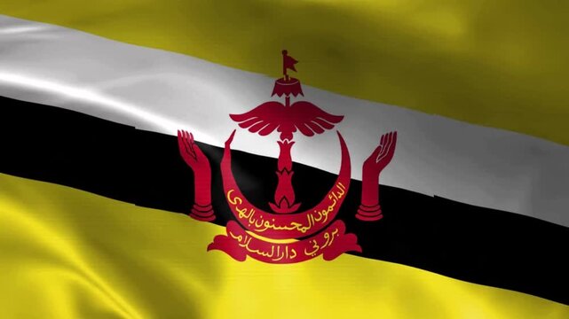National flag of brunei darussalam waving in the wind, realistic fabric texture, southeast asian country emblem background