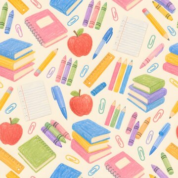 Back to school seamless background drawn using colored pencils 