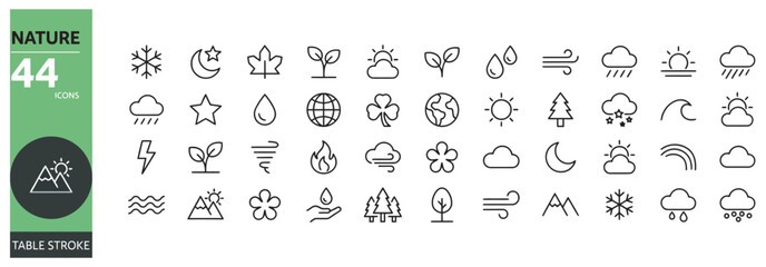 Naklejka premium Nature and weather line icon set featuring forty four symbols with editable stroke design