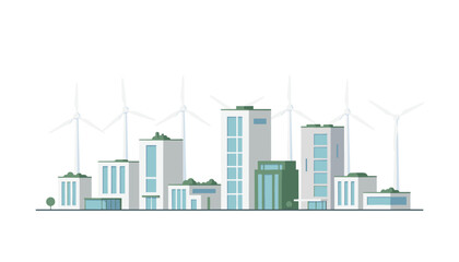 Obraz premium Modern sustainable city landscape features tall buildings with rooftop greenery and wind turbines spinning under a clear light background.