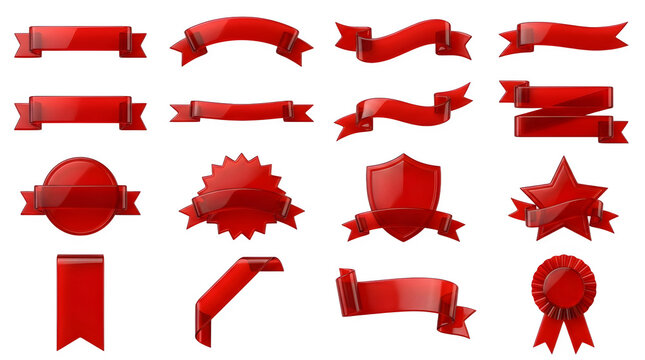 Glossy red ribbon set with 16 decorative banners and badges, premium silk satin labels for awards and celebrations isolated on transparent background.