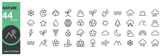 Naklejka premium Professional nature and weather outline icon pack with forty four editable stroke symbols
