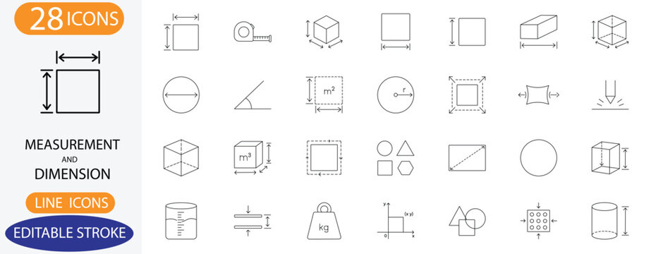 Measurement and dimension line icons. Vector geometry size, measuring tape, and 3D cube scale symbols with editable stroke.