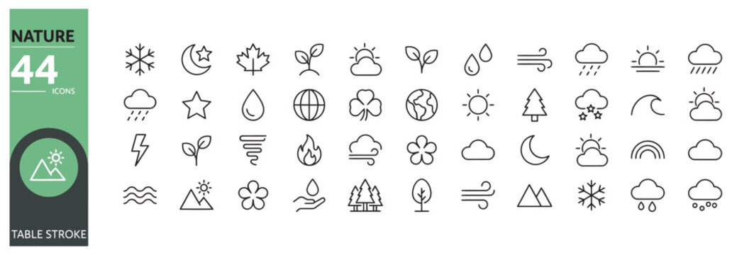 Modern nature and weather icon collection with forty four editable stroke vector symbols