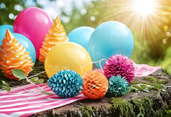 Fototapeta premium Colorful party decorations and balloons outdoors in sunlight