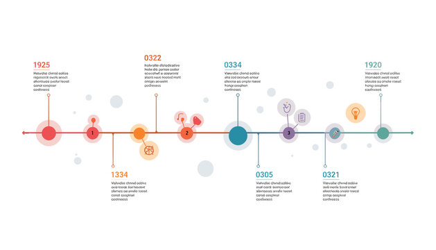 Colorful horizontal timeline infographic with circular milestones and descriptive text placeholders for business presentation.
