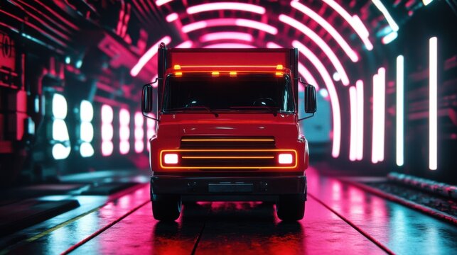 Futuristic virtual reality depiction of an airport pushback truck illuminated by vibrant holographic neon lights