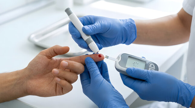 Close-up of a healthcare provider using a lancing device and portable glucose meter to test a patient's blood sugar level from a finger prick sample in a clinical setting