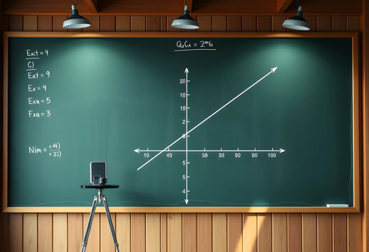 Graph and equations on classroom chalkboard with tripod