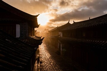 Obraz premium Sunset over traditional tiled rooftops in a historic alleyway
