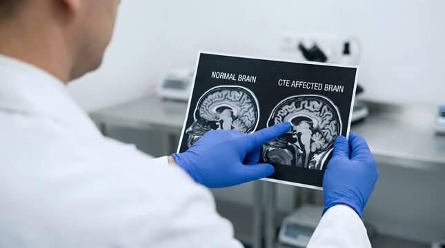 Neurologist in Nitrile Gloves Pointing at CTE Affected Brain MRI Printout Next to Normal Brain Scan