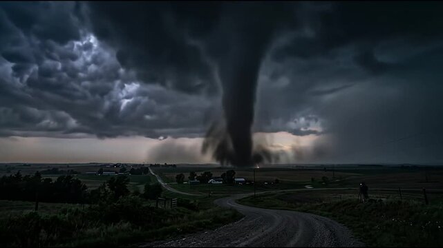 Massive tornado funnel touching down in rural open field.