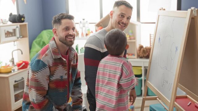 Boy drawing on whiteboard easel, hands holding marker, two men crouch and smile in a children's playroom inside a building; learning play joy.