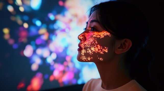 Young woman illuminated by abstract colorful light patterns on her face.