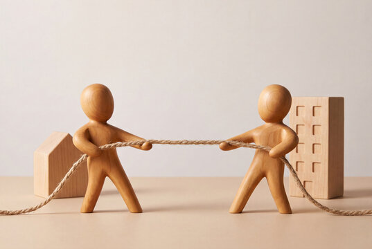 Hybrid work concept, wooden figures in a tug of war between working from home and the office, remote work debate