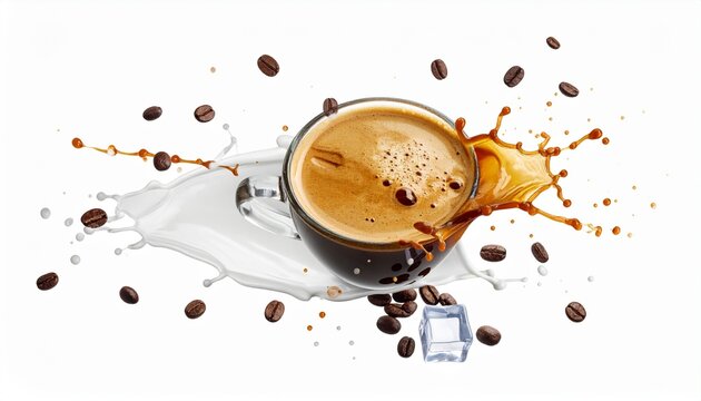 Close up Espresso coffee and fresh milk splash with flying ice cubes and roasted beans on white background