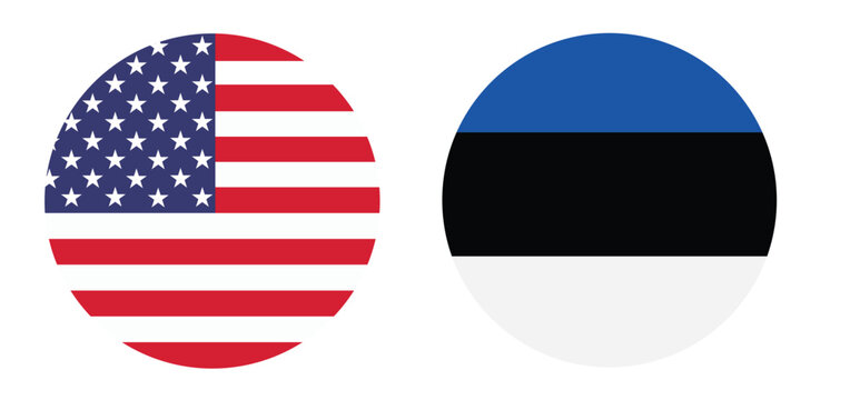 Circular Flags of United States and Estonia Representing International Relations in Flat Vector Style