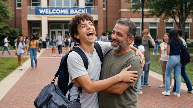Middle Eastern father happily sends teenage son back to school, full of pride and joy, suitable for campus ads and family education posters