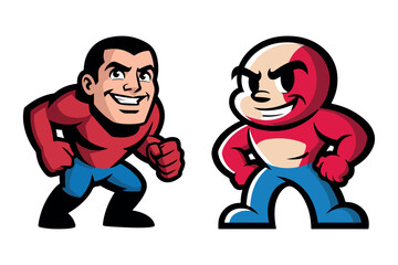 Naklejka premium Two cartoon superheroes, one muscular man and one round character, in red and blue outfits