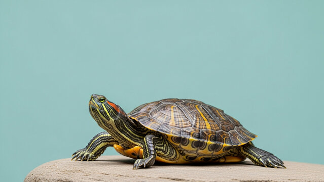 A small turtle with a patterned shell rests on a textured surface with a soft blue backdrop showcasing its scales and reptilian features in a captivating natural pose perfect for educational