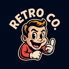 Vintage cartoon boy mascot with thumbs up and text "retro co © MdMezbahul