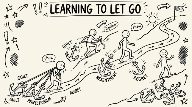Hand Drawn illustration of people on a winding path through emotions