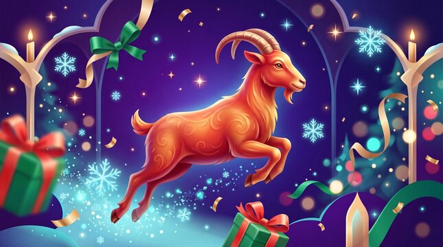 Bright festive illustration of a fiery goat, New Year symbol, with candles, gifts, ribbons, snowflakes, glowing lights and magical purple background.