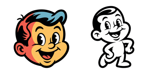 Vintage comic boy mascot head and body outline character
