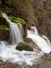 Obraz premium Beautiful waterfall cascading over mossy rocks in a lush spring forest