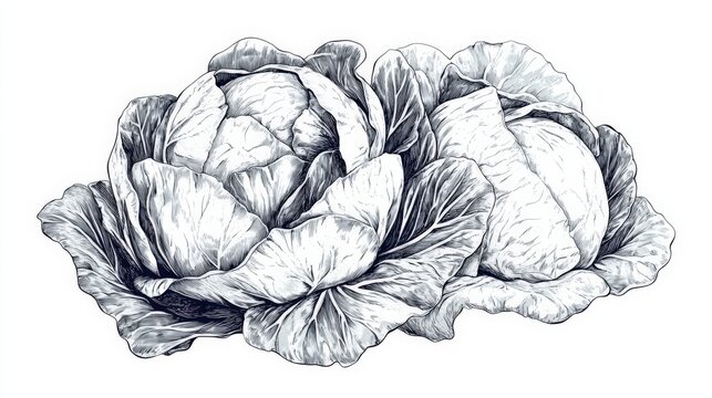 Two fresh cabbages are intricately drawn with detailed leaves.