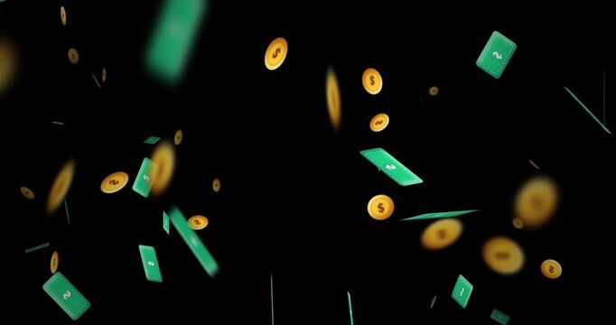 2D animation of raining money and coins with flat style, dark background
