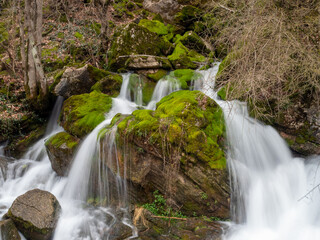 Fototapeta premium Beautiful waterfall cascading over mossy rocks in a lush spring forest