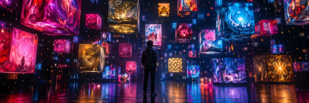 Person standing in digital gallery with floating illuminated art cubes