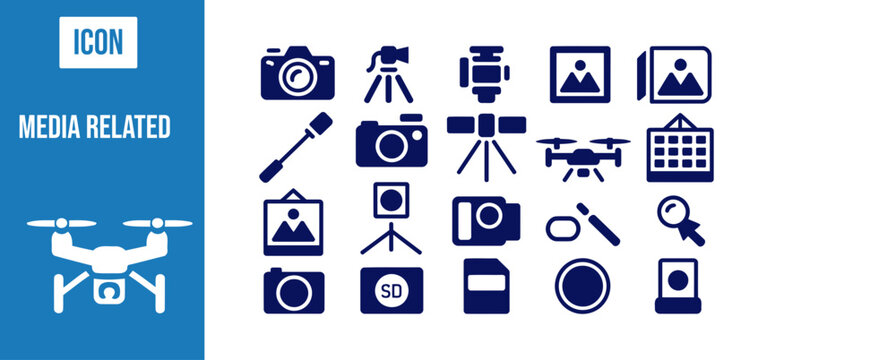 A collection of dark blue media and arranged in a grid on a black background, with a sidebar, showing a drone, on a tripod