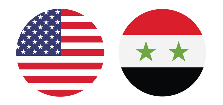Displaying circular national flags of the United States and Syria in a flat vector graphic style