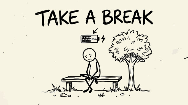 A Hand Drawn man sits on a bench under a tree with a low battery.