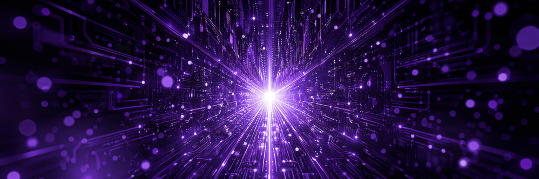Futuristic purple circuit board with glowing central light burst